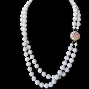 Vtg Porcelain Flower Box Clasp Signed Japan Double Strand Acrylic Bead Necklace
